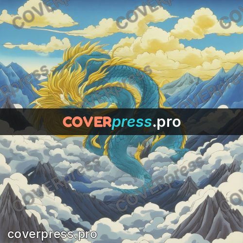 Old anime drawing: dragon in clouds above mountains