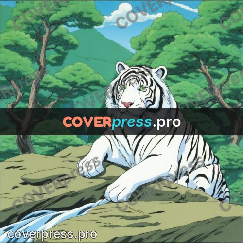 Old anime drawing: white tiger on the rocks