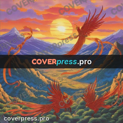 Old anime drawing: bird above mountains at sunset