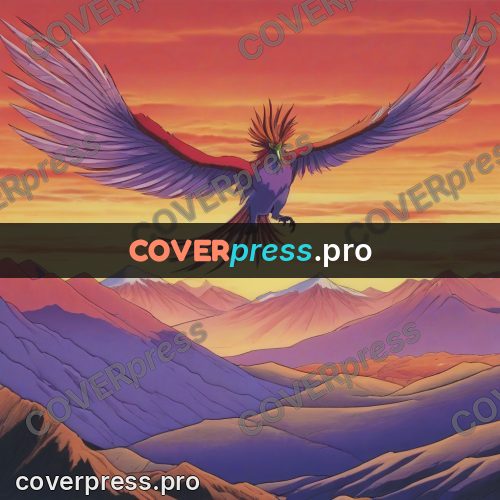 Old anime drawing: bird above mountains at sunset