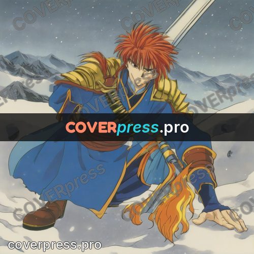 Old anime drawing: red-haired warrior with a sword