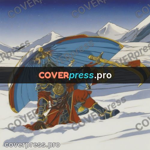Old anime drawing: armoured warrior in the snow