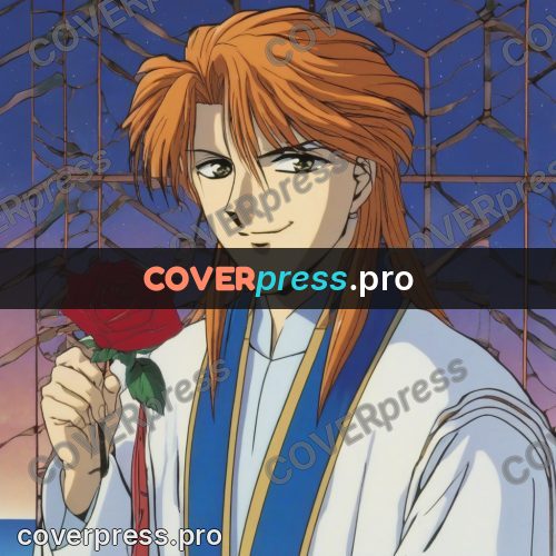 Old anime drawing: young man with a red rose