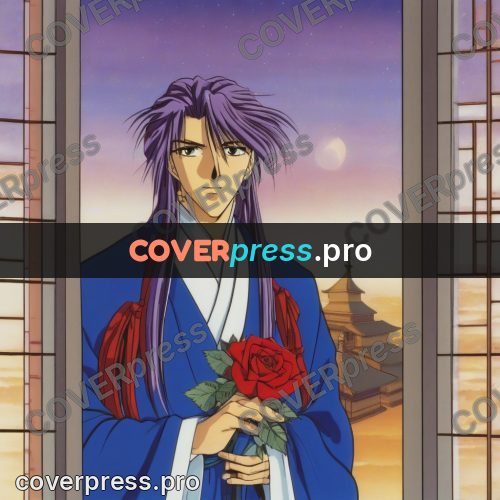 Old anime drawing: young man with a red rose