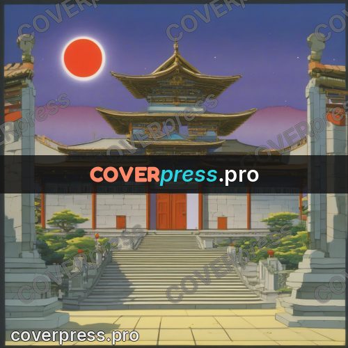 Old anime drawing: temple with steps under the sun