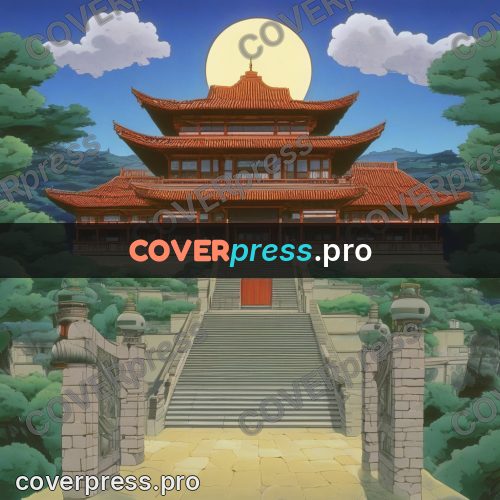 Old anime drawing: temple with steps under the sun