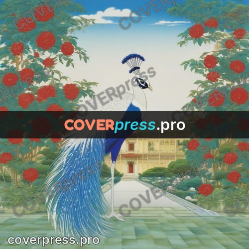 Old anime drawing: peacock in a rose garden