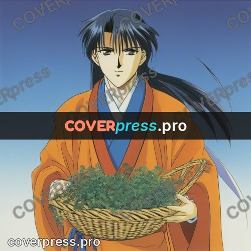 Old anime drawing: person with a basket of herbs