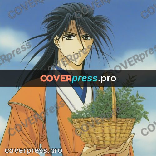 Old anime drawing: person with a basket of herbs