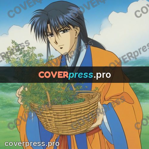 Old anime drawing: person with a basket of herbs