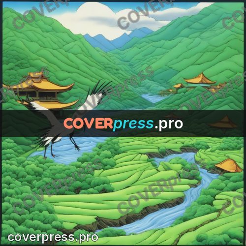Old anime drawing: green valley with a stream