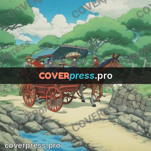 Old anime drawing: carriage on a river bridge