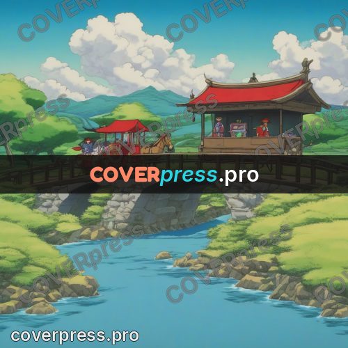 Old anime drawing: carriage on a river bridge