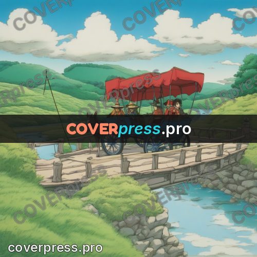 Old anime drawing: carriage on a river bridge