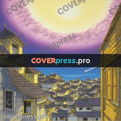 Old anime drawing: town roofs under a light
