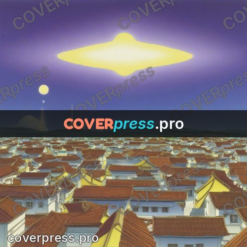 Old anime drawing: town roofs under a light