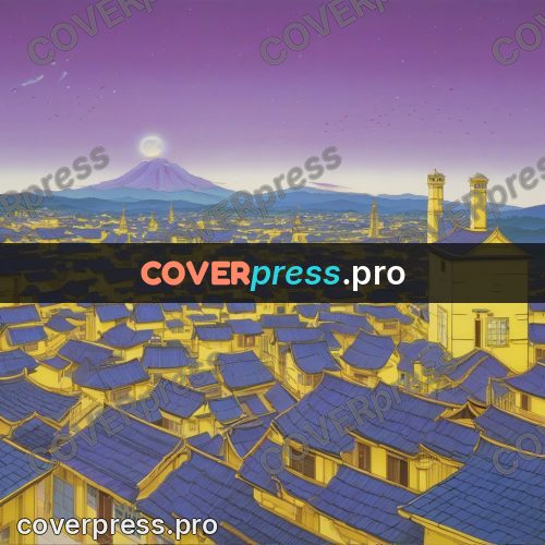 Old anime drawing: town roofs under a light