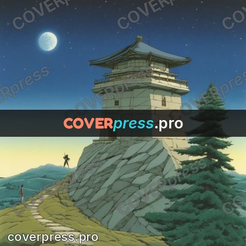 Old anime drawing: tower on a rock at night