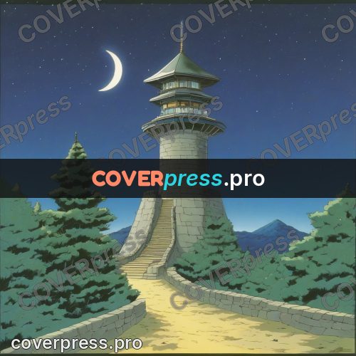 Old anime drawing: tower on a rock at night