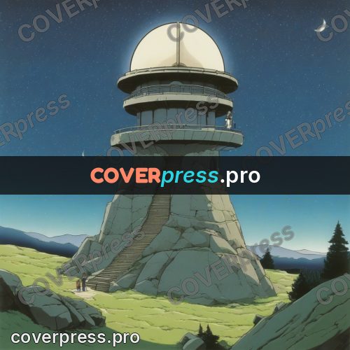 Old anime drawing: tower on a rock at night
