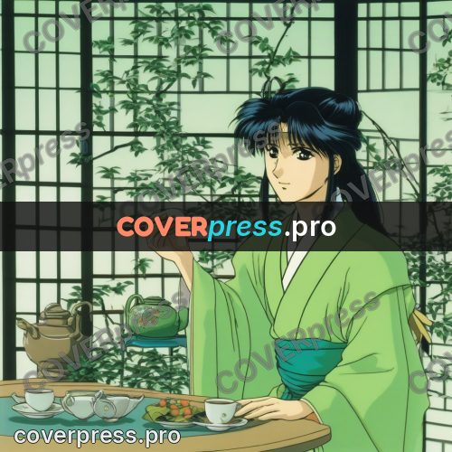 Old anime drawing: girl in a green kimono