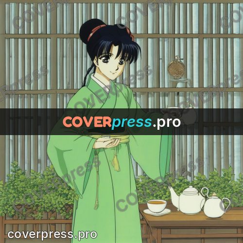 Old anime drawing: girl in a green kimono