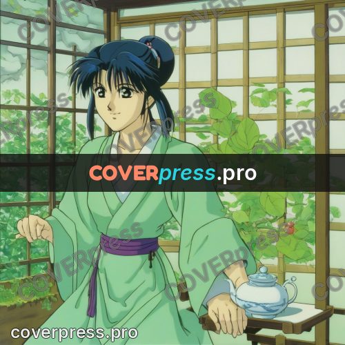 Old anime drawing: girl in a green kimono
