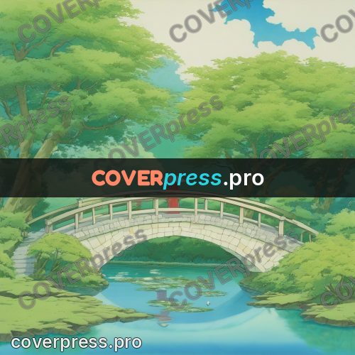 Old anime drawing: bridge over a garden pond