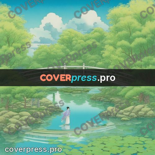 Old anime drawing: bridge over a garden pond