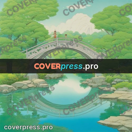 Old anime drawing: bridge over a garden pond