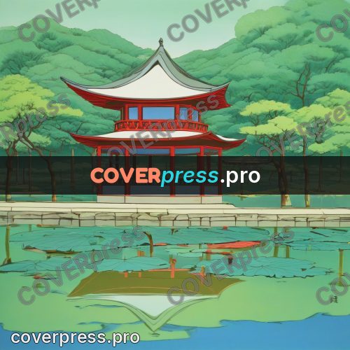 Old anime drawing: pavilion above the water