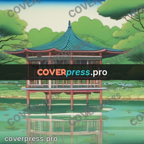Old anime drawing: pavilion above the water