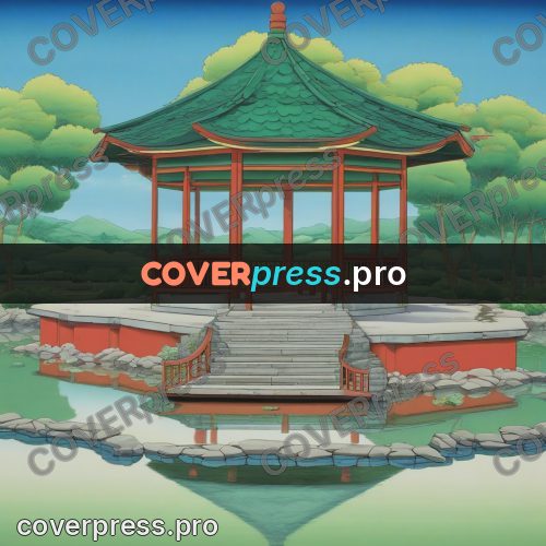 Old anime drawing: pavilion above the water