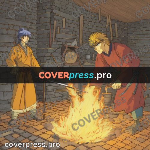 Old anime drawing: people at a forge fire