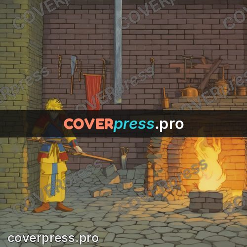 Old anime drawing: people at a forge fire