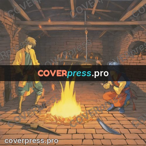 Old anime drawing: people at a forge fire