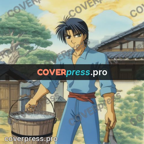 Old anime drawing: young man with a bucket