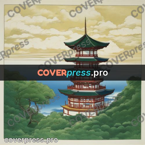 Old anime drawing: pagoda among the clouds