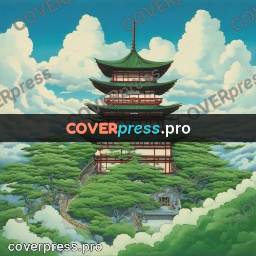 Old anime drawing: pagoda among the clouds
