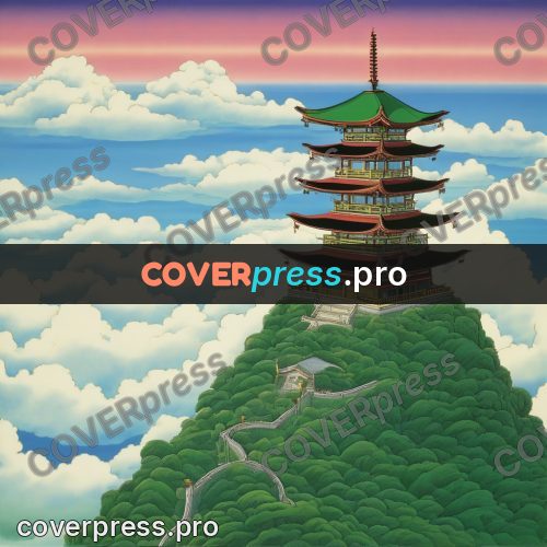 Old anime drawing: pagoda among the clouds