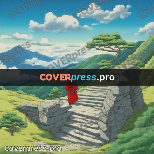 Old anime drawing: stone stairway in the mountains