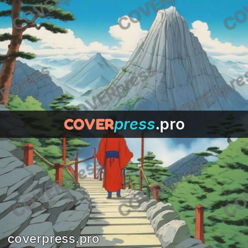 Old anime drawing: stone stairway in the mountains