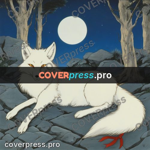 Old anime drawing: white fox under the moon