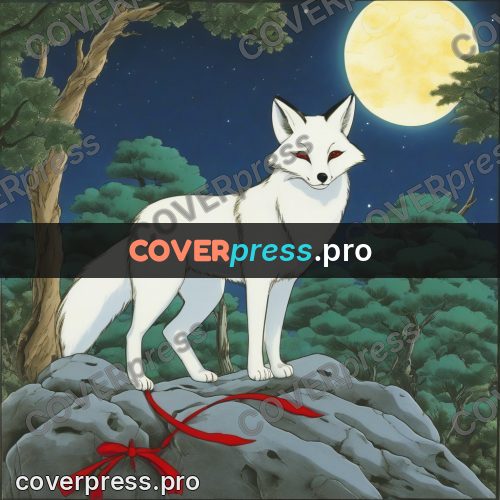 Old anime drawing: white fox under the moon