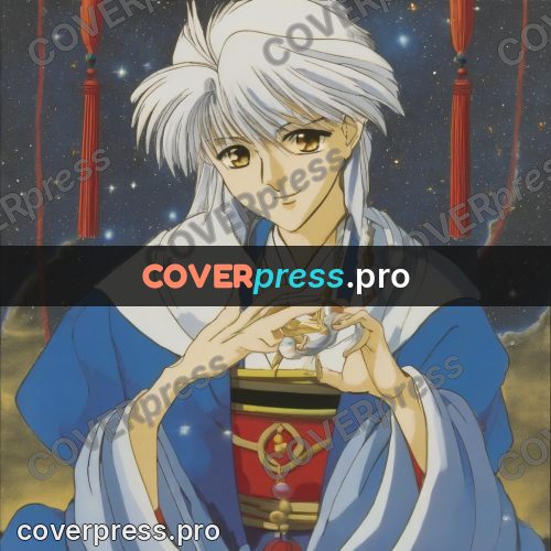 Old anime drawing: white-haired hero in robes