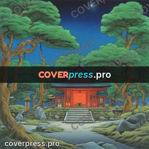 Old anime drawing: shrine gate in a forest
