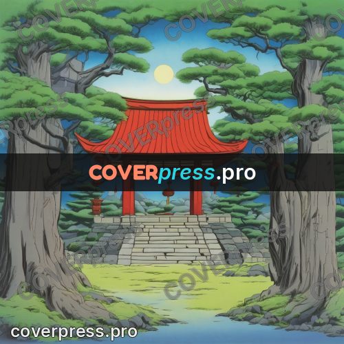 Old anime drawing: shrine gate in a forest