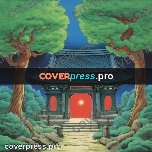Old anime drawing: shrine gate in a forest