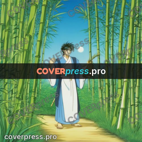 Old anime drawing: figure in a bamboo grove