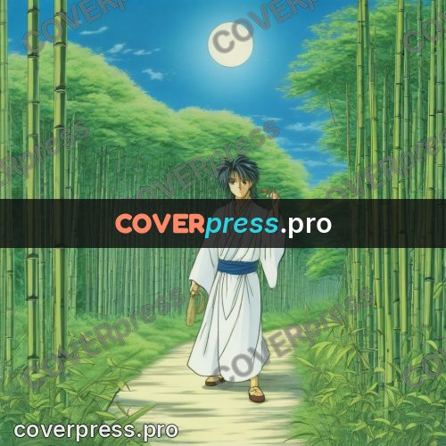 Old anime drawing: figure in a bamboo grove